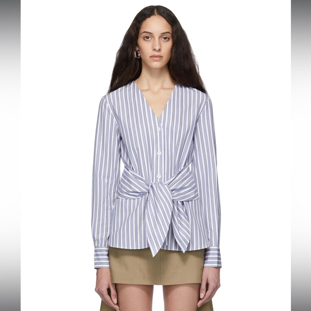 Tibi Size 4 Blue and White Liam Stripe Removable Tie Shirt